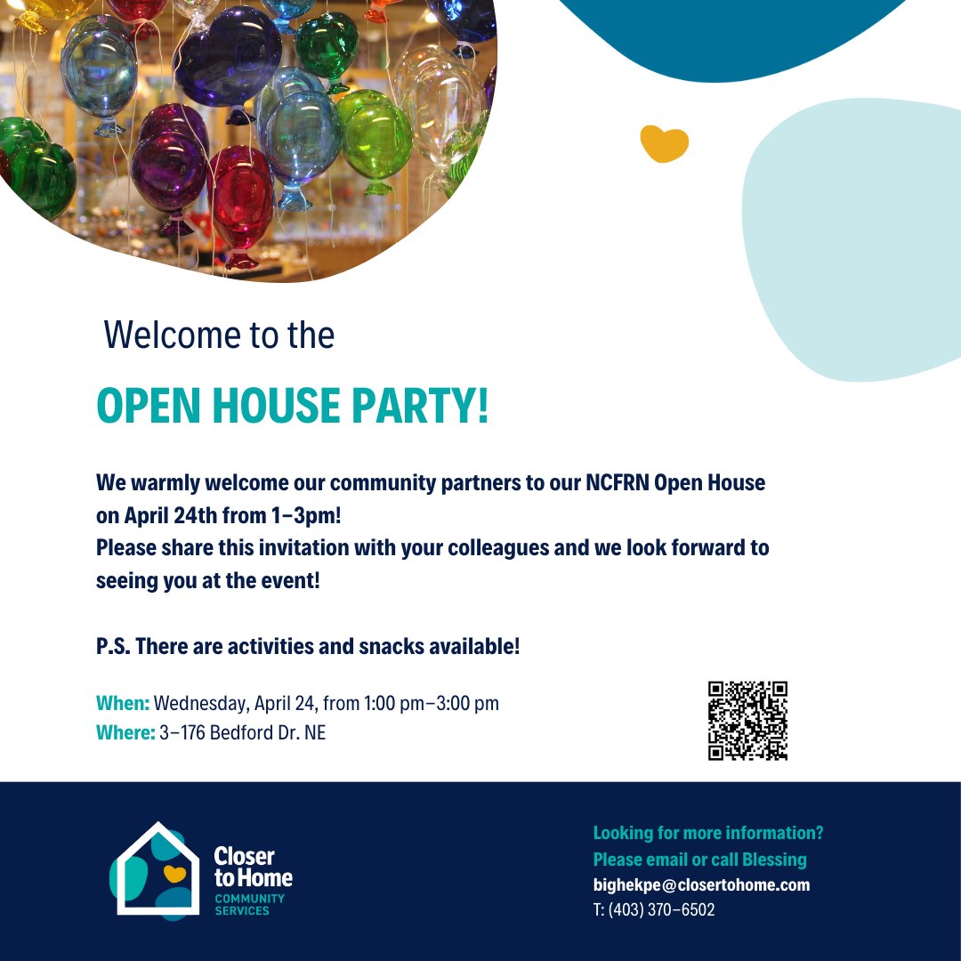 We're having an Open House! Come pop by our North Central Family Resource Network THIS WEDNESDAY to see our space, learn about our services and chat with our staff!

When: This WEDNESDAY, April 24
Time: 1 to 3 PM
Where: 3-176 Bedford Dr. NE

We hope to see you there!