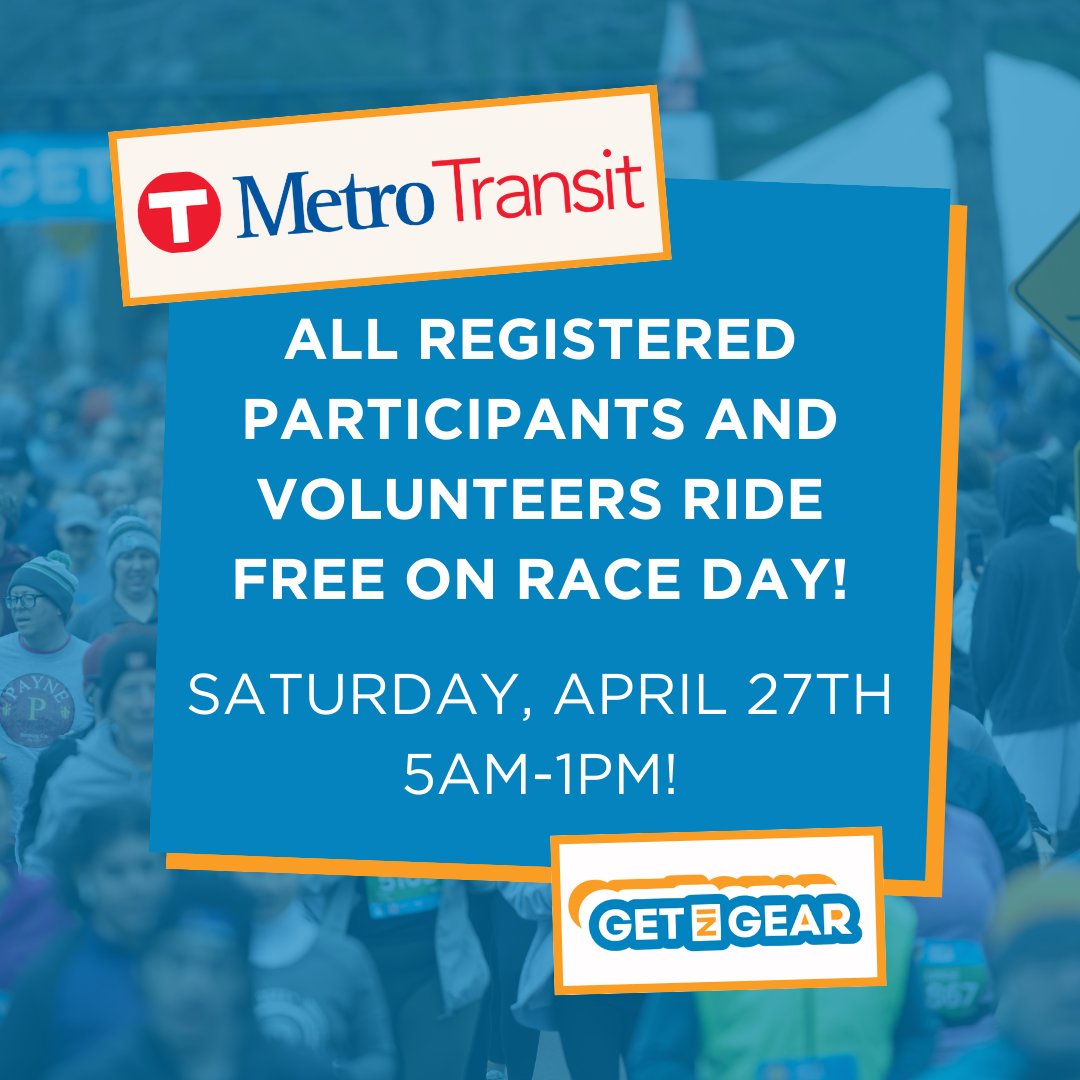 All registered Get in Gear participants and volunteers will have access to @MetroTransitMN transportation (bus and light rail) at no charge on Saturday, April 27 from 5am to 1pm! Access your voucher here: ow.ly/9RNA50Re87j