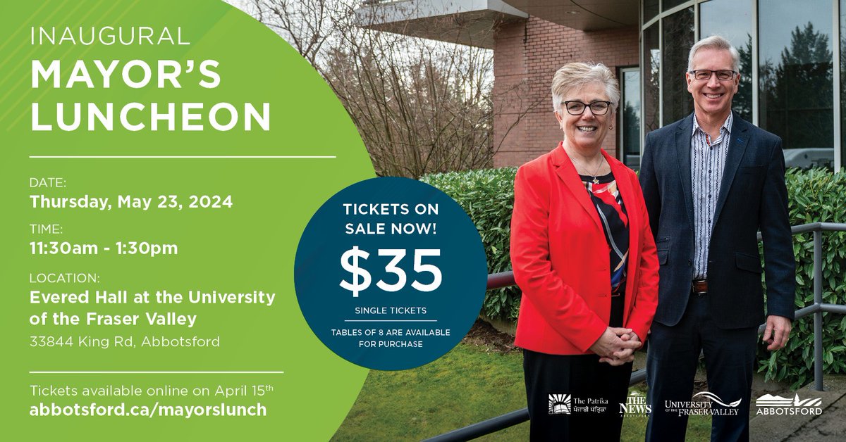 Join Mayor Ross Siemens for lunch and his annual address to the community, hosted by UFV President Dr. Joanne MacLean. Tickets are available for $35.00 plus GST and can be purchased online at abbotsford.ca/mayorslunch. Proceeds from the event will be donated to UFV-SUS food bank.