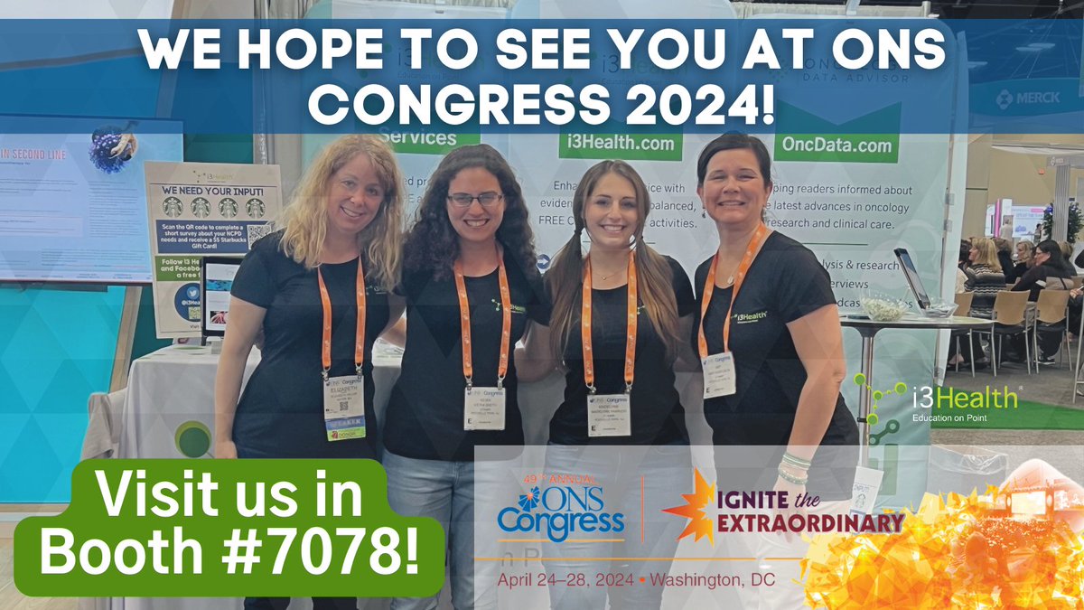 You're invited to visit us at the #ONSCongress 2024 in Washington, DC! Stop by booth #7078, to learn more about i3 Health, Oncology Data Advisor, and to tell us more about your #NCPD needs.

#ONSCongress #oncologynurses #oncologyeducation #OncologyCommunity #NursingEducation