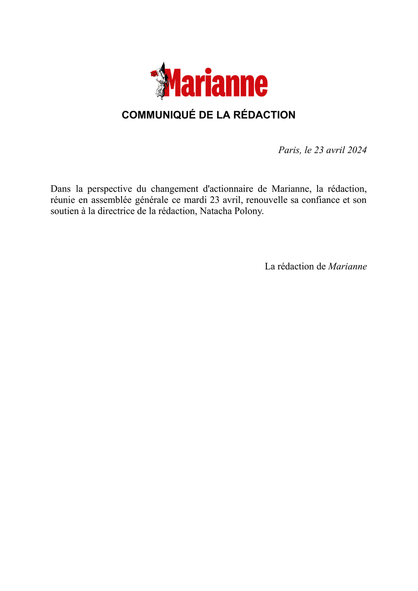 Un communiqué de la rédaction de
<a href="/MarianneleMag/">Marianne</a>.
