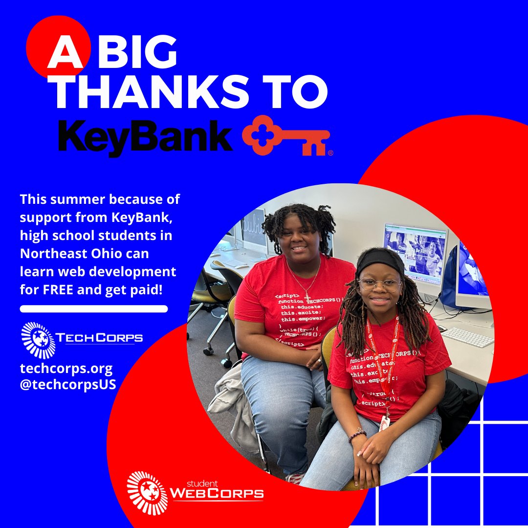 techcorpsus's tweet image. 🎉 TECH CORPS TUESDAY is here, and we have news to share! 🚀 Huge thanks to @KeyBank for their support of Student WEB CORPS this summer! High schoolers, get ready to dive into web development FOR FREE and get PAID for it! 🙌 #TECHCORPSTuesday #StudentWEBCORPS #KeyBankFoundation
