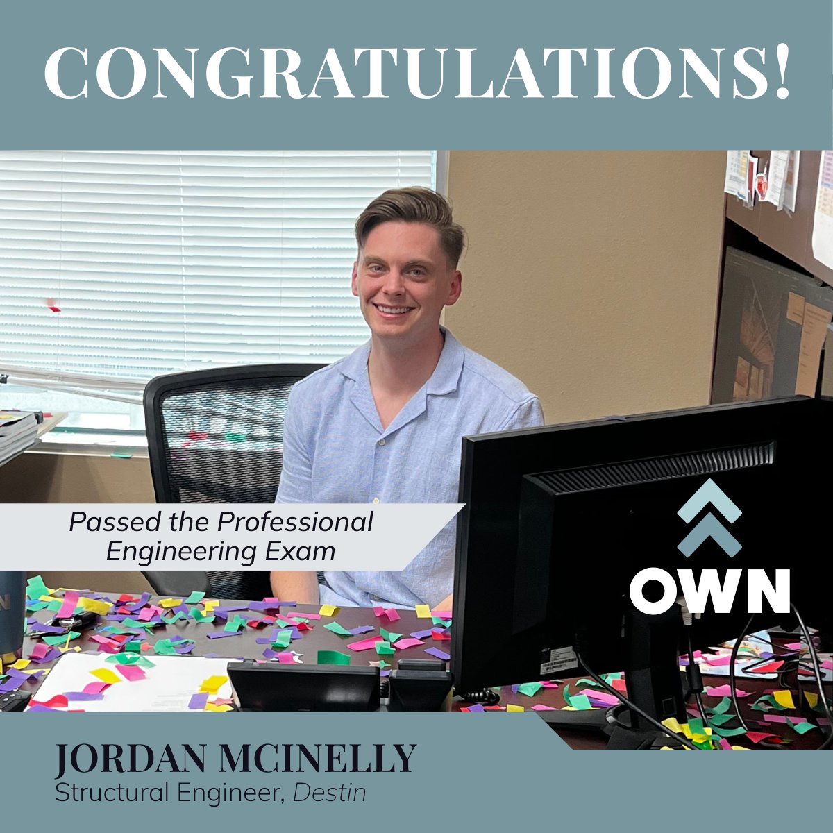 Celebrating Jordan McInelly with a confetti bomb since he's passed his Professional Engineering exam! Congratulations on your hard-earned achievement! #PEExam #SuccessIsNotALimitedResource #WeAreOWN