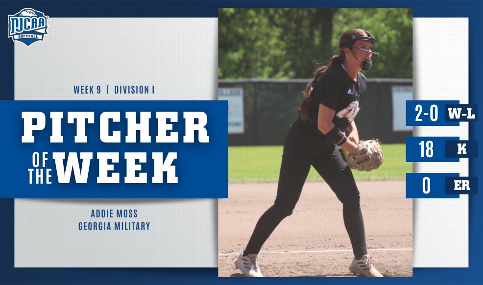 Miss Perfect Game! 🎀 Addie Moss threw a perfect game for @GMCJCSB last week in an 8-0 win against Andrew College. Moss also had 1⃣8⃣K's on the week to earn the #NJCAASoftball DI Pitcher of the Week! 💪 #NJCAAPOTW