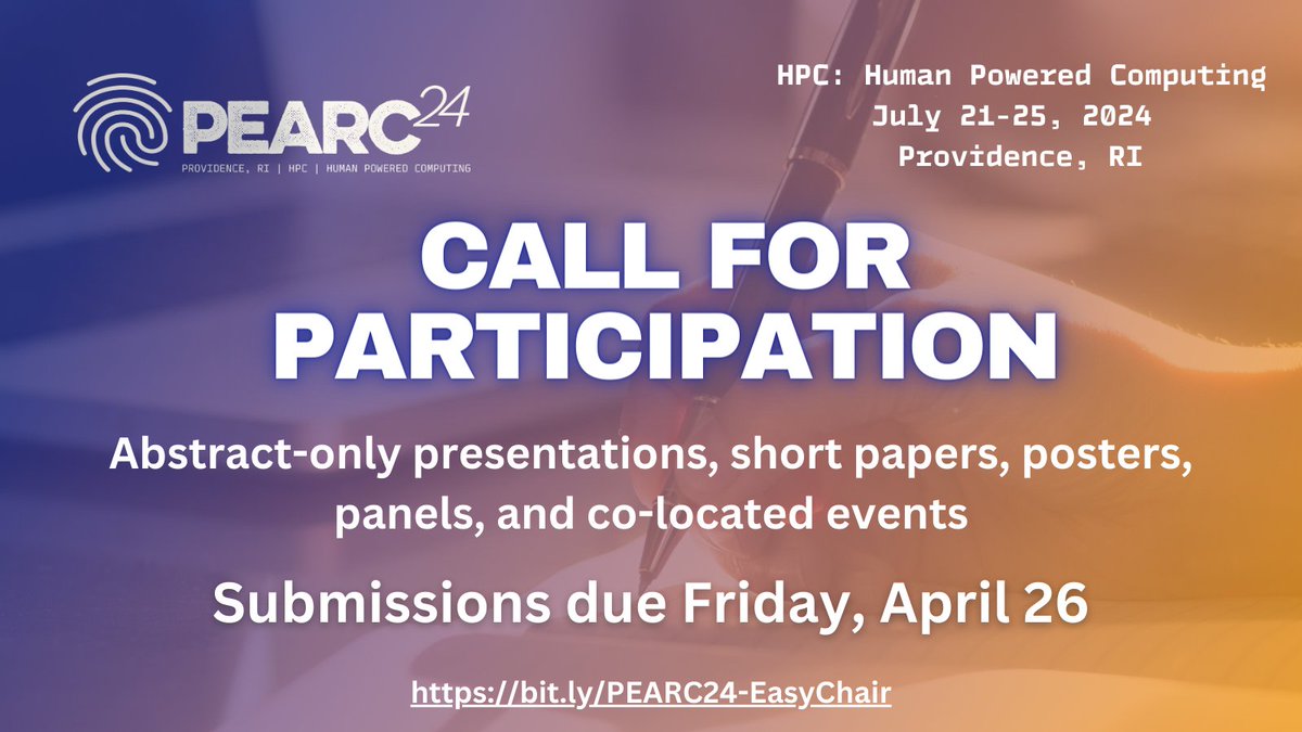 📢Last chance: #PEARC24 Abstract-only presentations, short papers, posters, panels, & co-located event submissions are due today, 4/26. 

Review & submit: bit.ly/PEARC24-CFP

#HPC #Datascience #researchcomputing #DEI #cyberinfrastructure #applications #systemsoftware #AI #ML