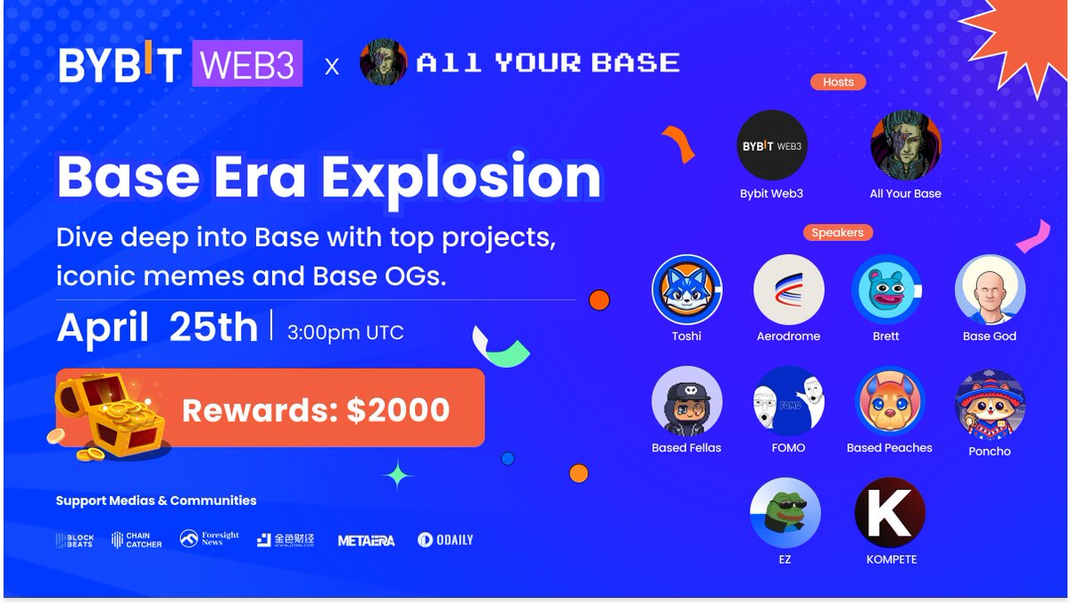 🌟 Exciting news! We're thrilled to co-host the upcoming #BaseEraExplosion #TwitterSpace alongside @AllYourBase_AYB. Join us as we dive deep into the heart of Base, featuring top projects, iconic memes, and Base OGs. 💰To celebrate this event, we're giving away $2000 to 20 lucky…