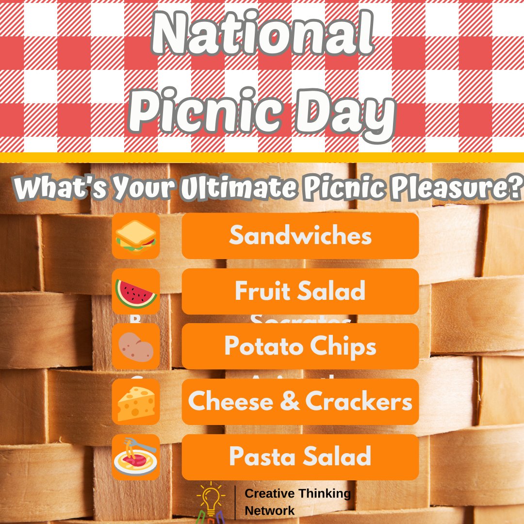 🧺🌳 Celebrate National Picnic Day! Pack your basket, soak up the sun, and indulge in delicious outdoor feasts! What's your ultimate picnic pleasure? Vote now and let’s see which food wins!

🥪 Sandwiches 
🍉 Fruit salad 
🥔 Potato chips 
🧀 Cheese and crackers 
🍝 Pasta salad