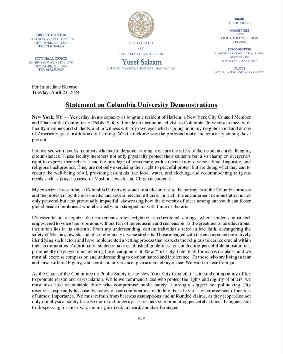 🚨🚨🚨 CM @dr_yusefsalaam’s Statement Regarding Demonstration of Columbia University Students #powerpost👊🏻👊🏼👊🏽👊🏾👊🏿™️