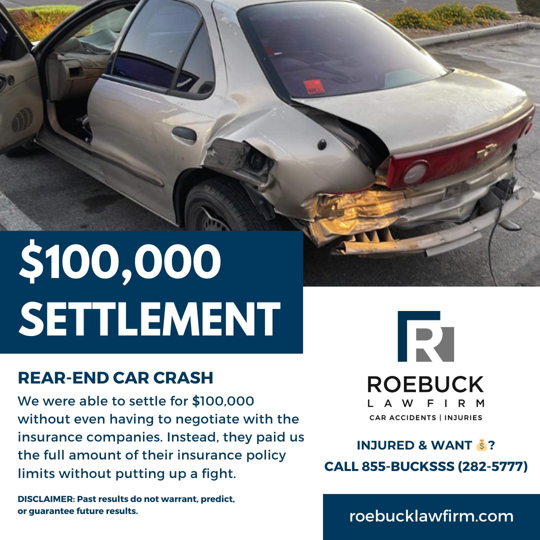 INJURED & WANT 💰? CALL 855-BUCKSSS (282-5777). 

DISCLAIMER: Past results do not warrant, predict, or guarantee future results.

#RoebuckLawFirm #whiplash #personalinjury #personalinjurylawyer #caraccident #caraccidentlawyer #settlementcheck #lasvegas #northlasvegas #henderson