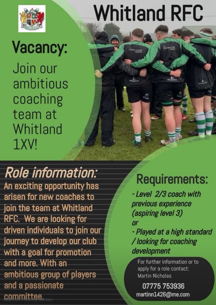 Whitland RFC (Carmarthenshire) are looking for coaches for the coming season. 

Level 2/3 coach or with aspirations of transitioning from playing. 

Get in touch with Martin Nicholas for further info, martinn1426@me.com