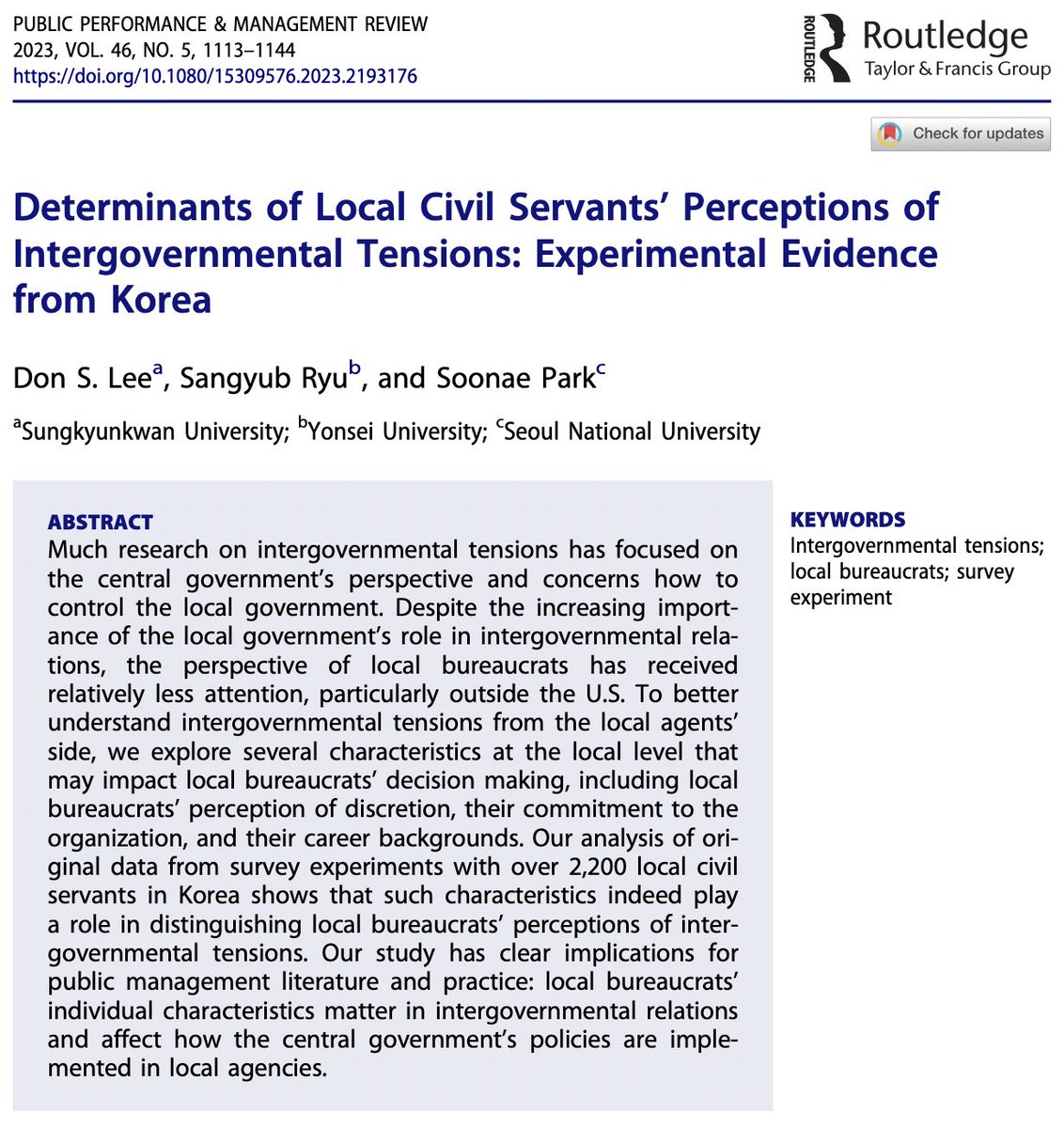 Public Performance & Management Review (@ppmr_new) on Twitter photo “Determinants of Local Civil Servants’ Perceptions of Intergovernmental Tensions: Experimental Evidence from Korea.” Check out this featured article by Don S. Lee (<a href="/SKKUni1398/">Sungkyunkwan University (SKKU)</a> ), <a href="/sangyubr/">Sangyub Ryu</a> (<a href="/yonsei_u/">Yonsei University</a>), and Soonae Park (<a href="/SeoulNatlUni/">Seoul National University</a>). Read more here: doi.org/10.1080/153095… “Determinants of Local Civil Servants’ Perceptions of Intergovernmental Tensions: Experimental Evidence from Korea.” Check out this featured article by Don S. Lee (<a href="/SKKUni1398/">Sungkyunkwan University (SKKU)</a> ), <a href="/sangyubr/">Sangyub Ryu</a> (<a href="/yonsei_u/">Yonsei University</a>), and Soonae Park (<a href="/SeoulNatlUni/">Seoul National University</a>). Read more here: doi.org/10.1080/153095…