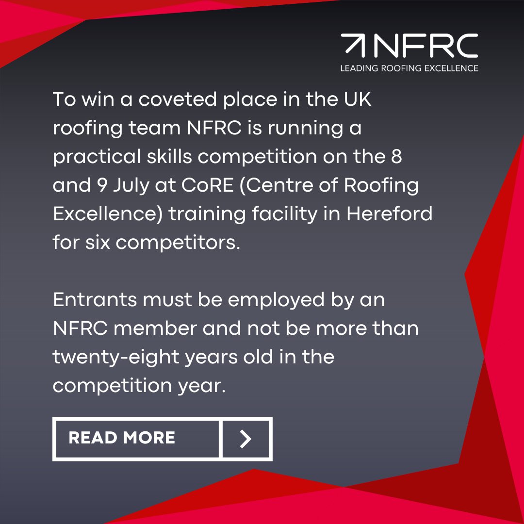 📢 Calling all talented young roofers, this is your chance to compete at the IFD World Championship of Young Roofers! NFRC is entering a team of 2 to compete against other young roofers from across the world. We're calling on our members in a search for talent. Full details👇