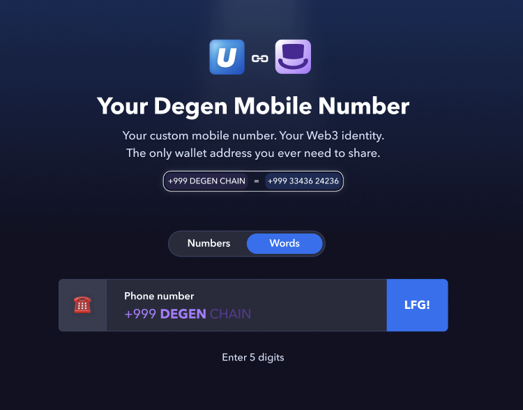 We're thrilled to launch our limited-edition Ultimate Digits Degen Mobile Numbers — exclusive utility NFTs on the <a href="/degentokenbase/">Degen 🎩</a>, an L3 on <a href="/base/">Base</a>. 

These special mobile numbers start with the epic prefix +999-DEGEN-XXXXX. Mint your NFT now at degen.ultimatedigits.com 🚀