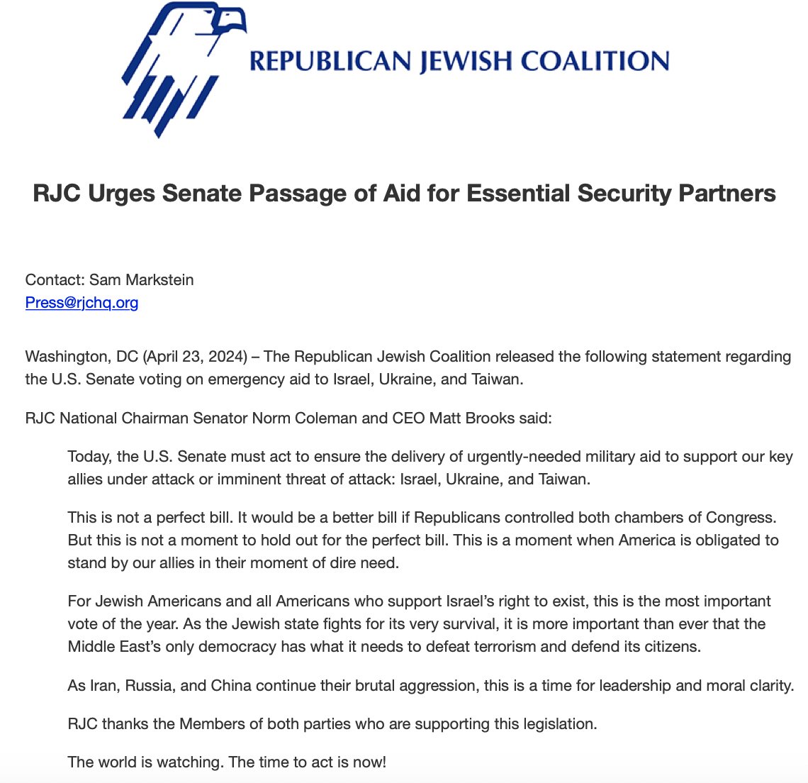 BREAKING: @RJC Urges Senate Passage of Aid for Essential Security Partners For Jewish Americans and all Americans who support Israel’s right to exist, this is the most important vote of the year. As the Jewish state fights for its very survival, it is more important than ever