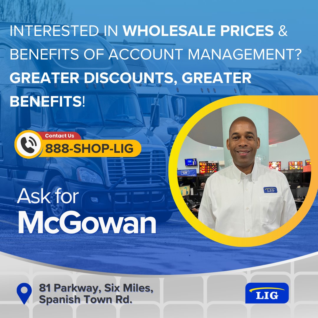 Are you a reseller looking for competitive wholesale prices on truck parts? LIG is your ideal choice. Our dedicated sales manager, Mr. McGowan, will ensure you get the best rates. Reach out today at 876-933-0688 to explore our offerings. #AccountManagement #TruckParts #Wholsale