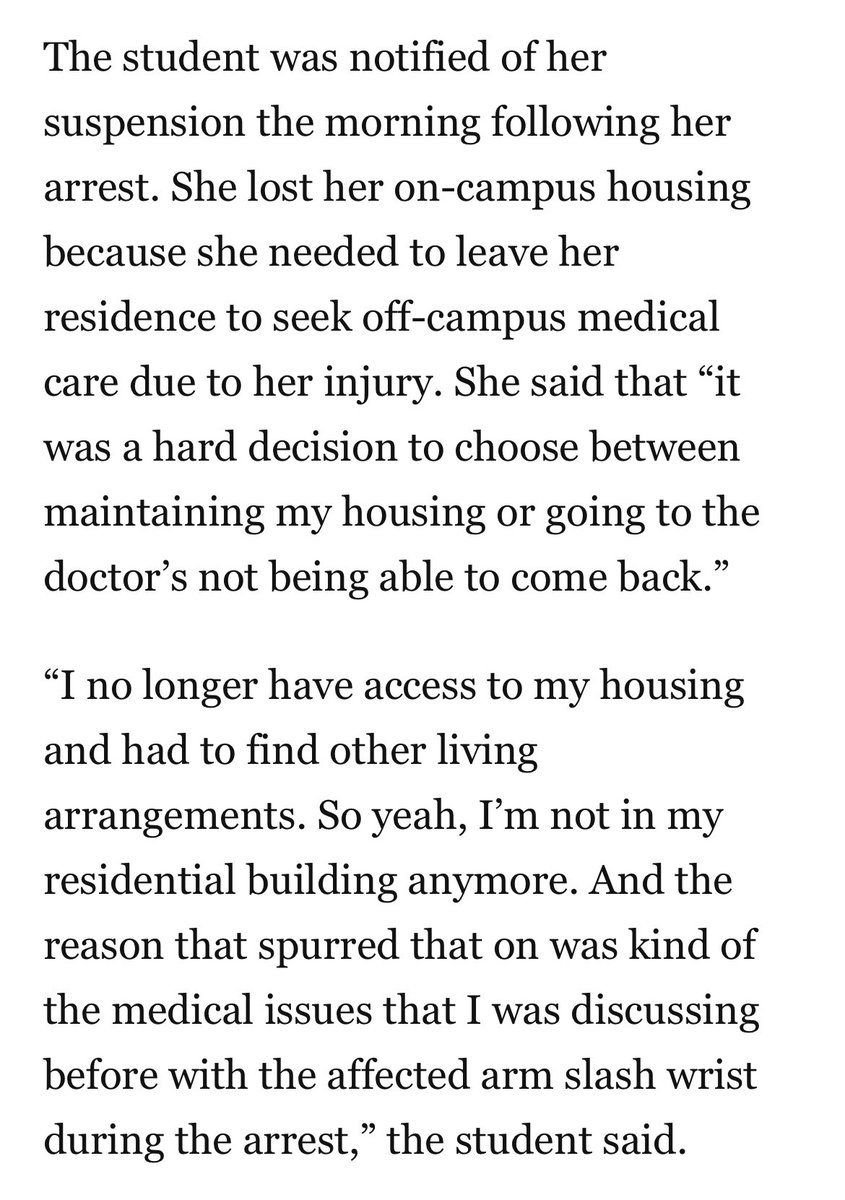 While previous statements from NYPD said that there were no injuries during Thursday’s arrests at Columbia’s campus, new reporting from @ColumbiaSpec suggests otherwise, with one student fracturing her wrist. She lost access to housing when she left to seek medical attention.