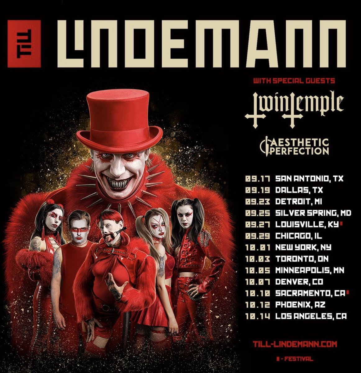 🚨 TOUR ANNOUNCEMENT 🚨 

@TwinTemple will embark on a US tour this September-October, as main support for Till Lindemann (dates below). See you at the Twin Temple merch booth! 🙌💪🤘

#TourLife #MerchLife #TwinTemple #TourAnnouncement #TourDates #UStour #TillLindemann