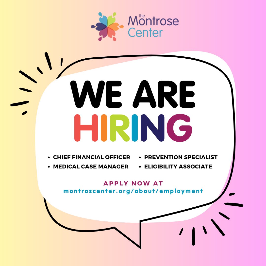 🌈 WE ARE HIRING ✨ See an open position that you qualify for? Then apply to join Houston’s LGBTQ Center as we work to empower our community to live healthier, more fulfilling lives. ❤️ 🧑‍💻 Visit the link to learn more about our employment opportunities 🔗 montrosecenter.org/about/employme…