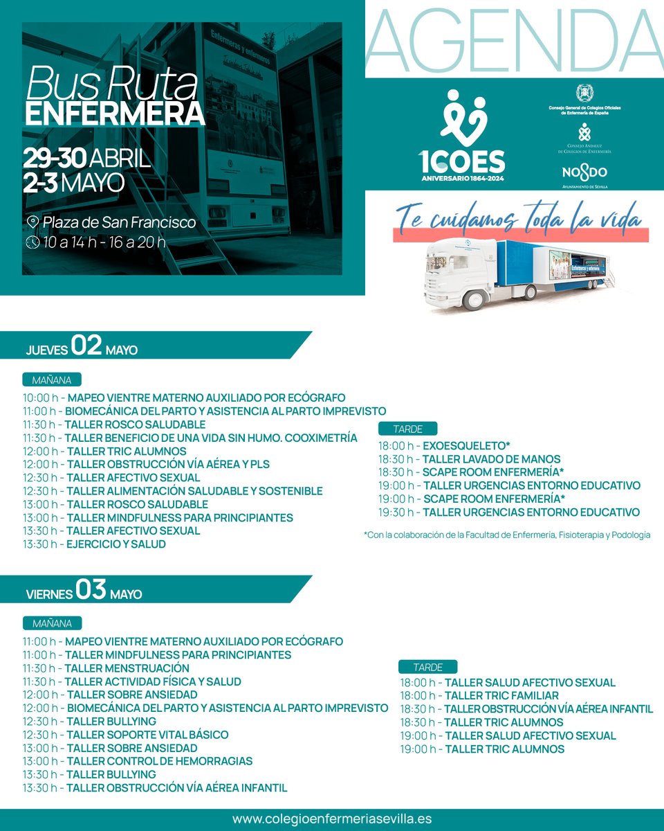 📅Aquí tienes el programa de la #RutaEnfermera en Sevilla: #talleres, cuidados, #chequeos y divulgación sanitaria de interés general y #gratuitos ❤️+INFO: ow.ly/RiyO50RmrcG @consejo_andaluz @CGEnfermeria @saludand @Ayto_Sevilla #Enfermeria #Cuidados #DivulgacionSanitaria