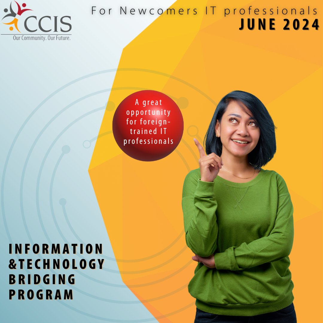 Ready to take your tech career to new heights? Join our Information & Technology Bridging Program! Don't miss out on this opportunity - program starts June 2024. Register now: ccisab.ca/information-te… 
Contact: Heidi Tang | htang@ccisab.ca #ITprofessionals #Newcomers #yyc #ccis