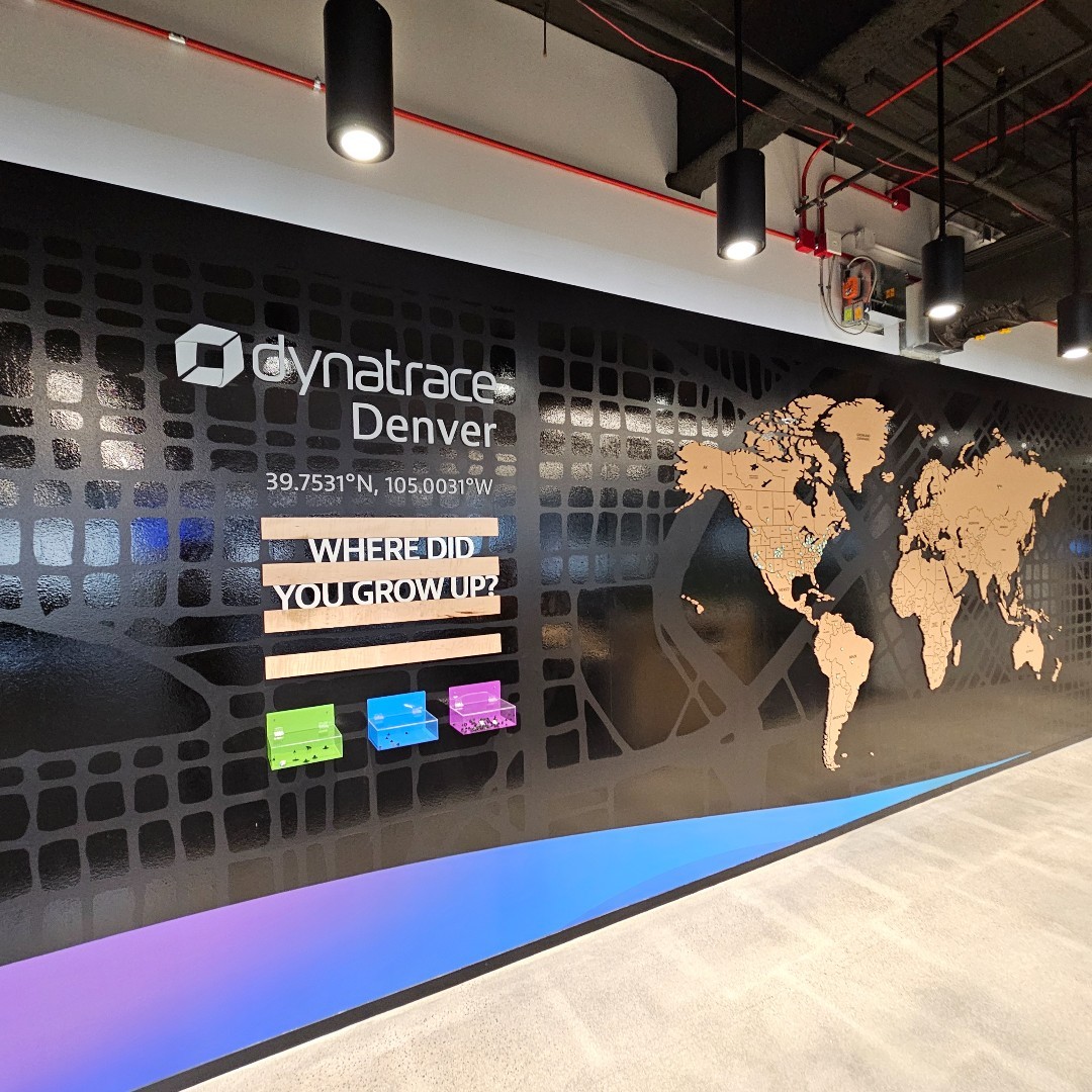 AdLightGroup's tweet photo. We are proud to share our recent collaboration with Greetings Tour and Dynatrace on their beautiful new office in Downtown Denver.  The new walls invite employees to show off their hometown pride on a corkboard globe. https://t.co/47iENmDlu7