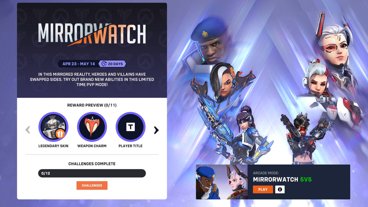 Overwatch 2 Limited Event Mode: Mirrorwatch Begins (April 23 - May 14) #Overwatch2 limited event PvP Mirror Watch has begun! The limited-time event includes new free skins, sprays, weapon charms, and more!