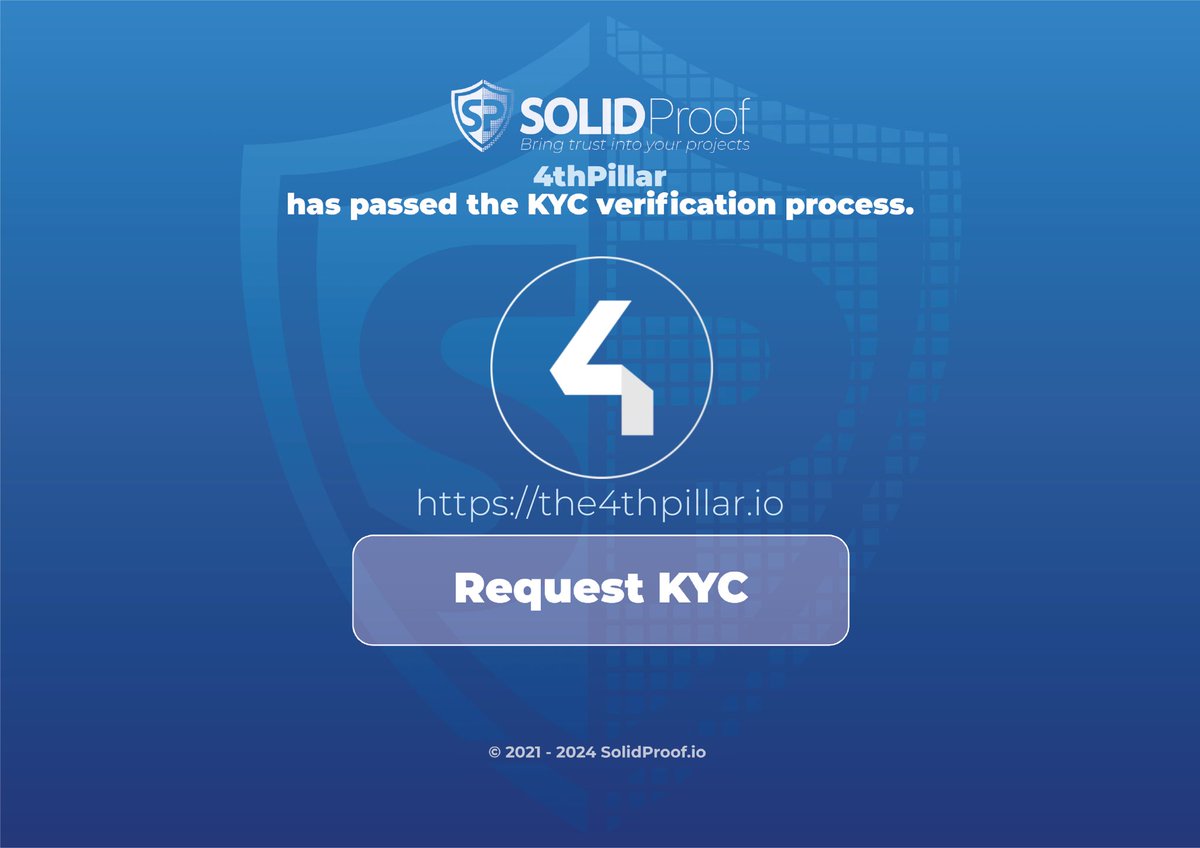 Exciting news! We are happy to announce that we have successfully completed KYC process for @4pfour

Need an audit/kyc?
solidproof.io/contact

Check out the full kyc report here:

github.com/solidproof/pro…

#KYC #SmartContracts #BlockchainCommunity