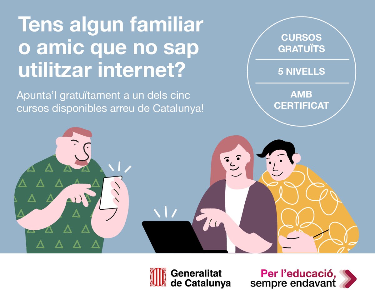🙋‍♀️La teva mare, un amic, una veïna o algú altre del teu entorn necessita ajuda amb competències digitals? 

👩‍💻Els centres de la xarxa d’aules de capacitació digital tenen una proposta formativa per a ells.
✨Cursos gratuïts de 5 nivells diferents! 

Mésℹ️a educacio.gencat.cat/web/.content/h…