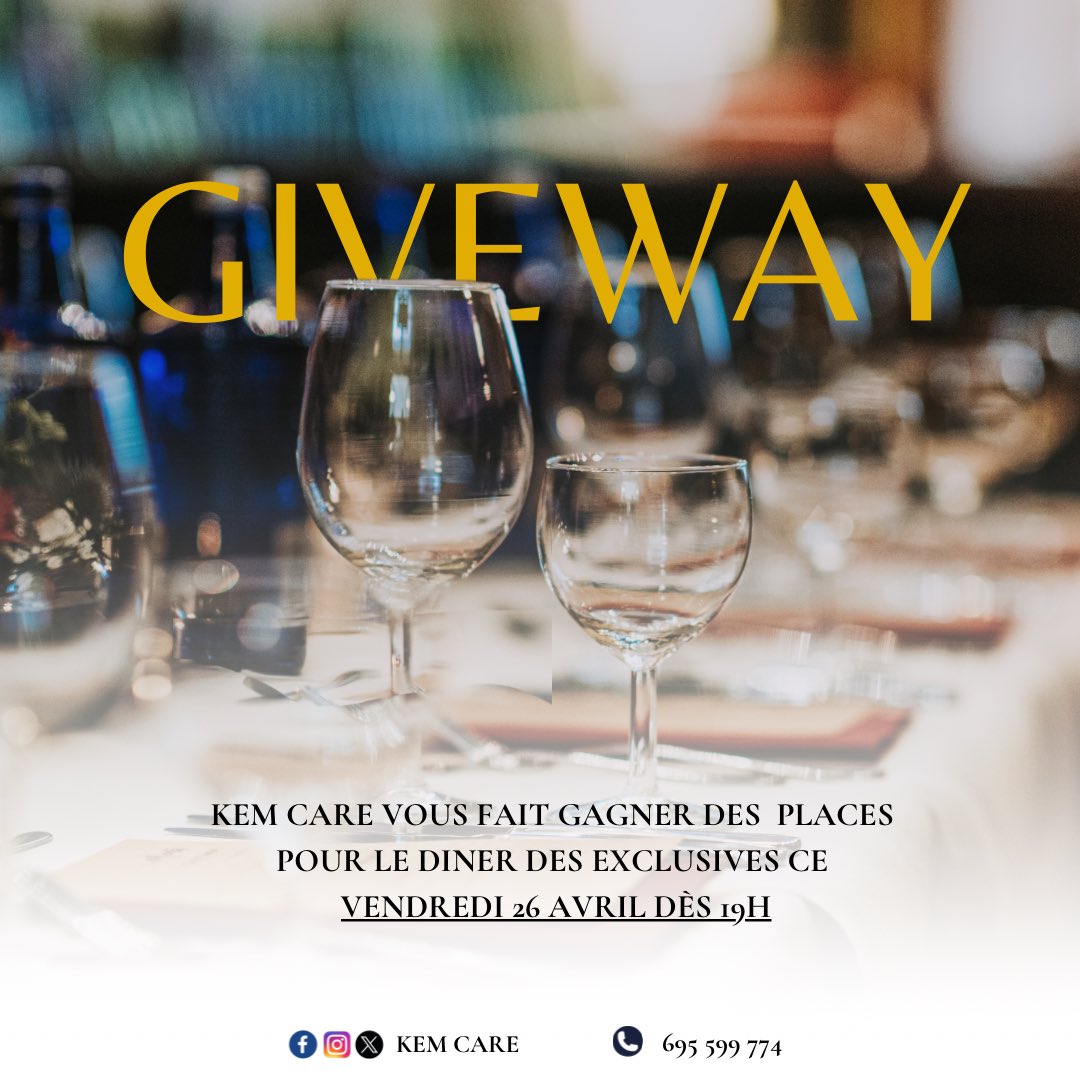 🤎GIVEWAY 🤎
Cette semaine kem care vous fait gagner des places pour le dîner des exclusives, qui Aura lieu ce vendredi 26 avril dès 19h.

Pour tenter de gagner votre place, il suffit de :
✨ Suivre <a href="/care_kem/">Kem care</a>
✨ Liker ce x
✨️️️ Taguer trois personnes en commentaire