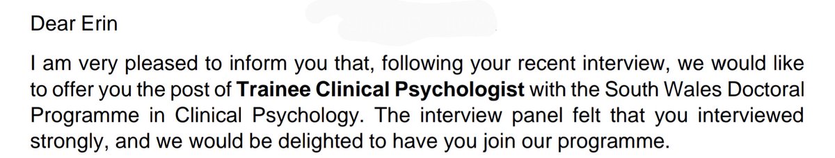 I've been accepted to study my Doctorate in Clinical Psychology with Cardiff University! 🎉

I'm still in disbelief and want to say a huge thank you to everyone who has supported me to get here ❤️

Dr Erin Roberts here I come!