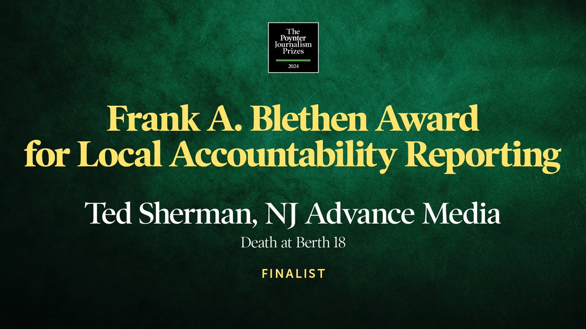 Poynter's tweet photo. @caseymross @bobjherman @statnews @JRogalskiKHOU @jgibson_khou @thejencobb @KHOU Congratulations to our finalists for the Frank A. Blethen Award, @TedShermanSL of @njdotcom and the staff of the @vdailysun. https://t.co/mgePW08so8