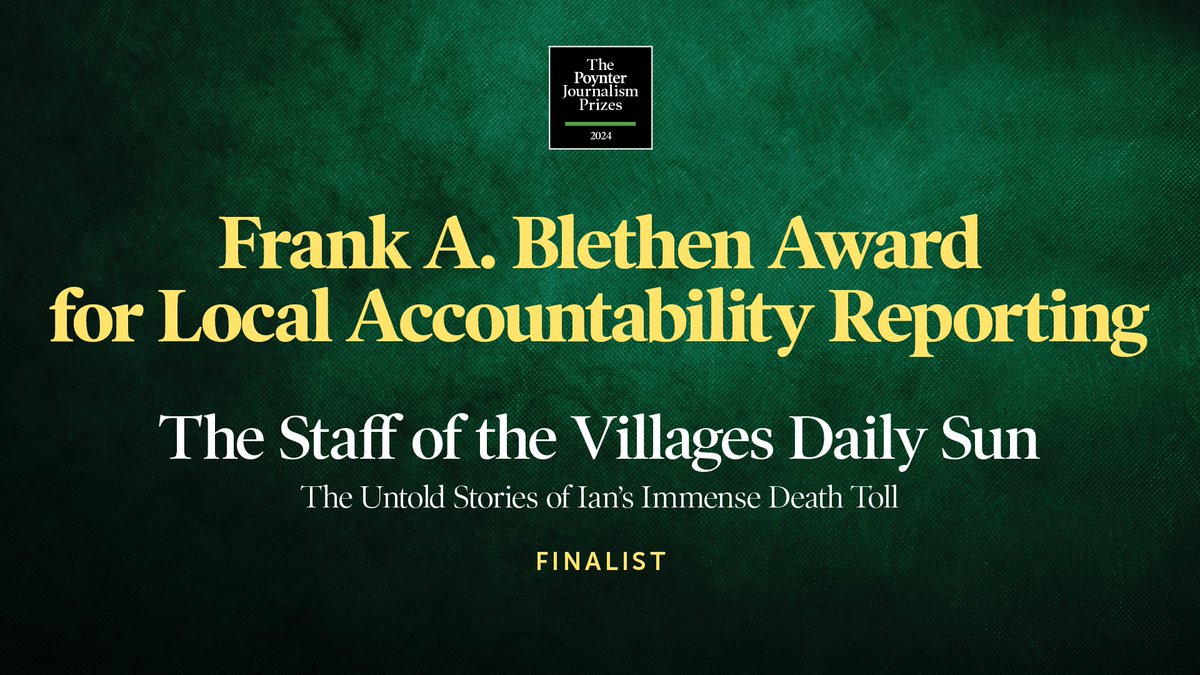 Poynter's tweet photo. @caseymross @bobjherman @statnews @JRogalskiKHOU @jgibson_khou @thejencobb @KHOU Congratulations to our finalists for the Frank A. Blethen Award, @TedShermanSL of @njdotcom and the staff of the @vdailysun. https://t.co/mgePW08so8
