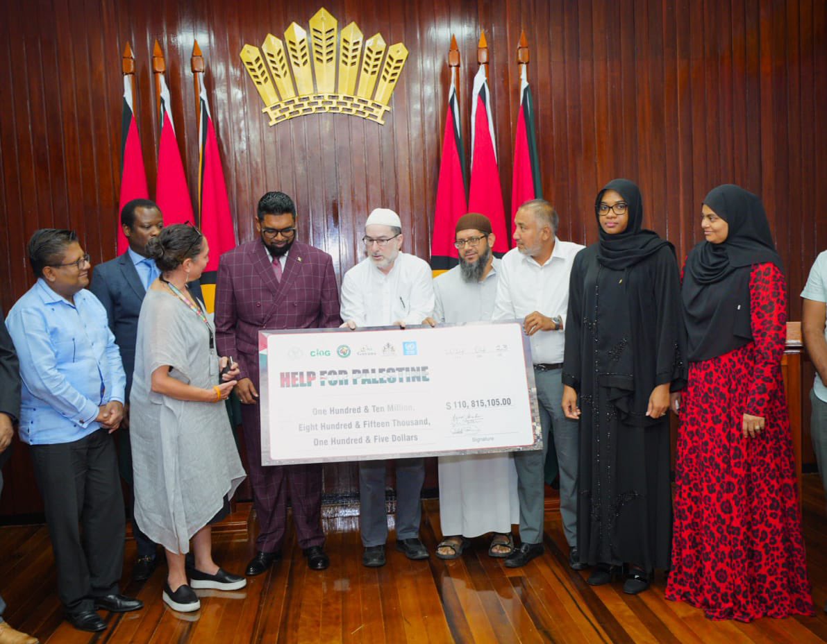 presidentaligy's tweet photo. Today, I received a cheque worth GY$110.8 million from the National Organising Committee of the Ramadan Village. The funds were raised through donations from Guyanese to support humanitarian efforts in #Palestine. The donations were collected at an event held at the Ramadan Village earlier this month, and further donations were received from individuals afterwards.
 The funds will now be handed over to @UNRWA