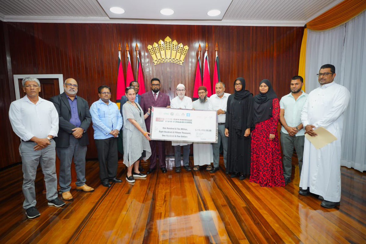 presidentaligy's tweet photo. Today, I received a cheque worth GY$110.8 million from the National Organising Committee of the Ramadan Village. The funds were raised through donations from Guyanese to support humanitarian efforts in #Palestine. The donations were collected at an event held at the Ramadan Village earlier this month, and further donations were received from individuals afterwards.
 The funds will now be handed over to @UNRWA