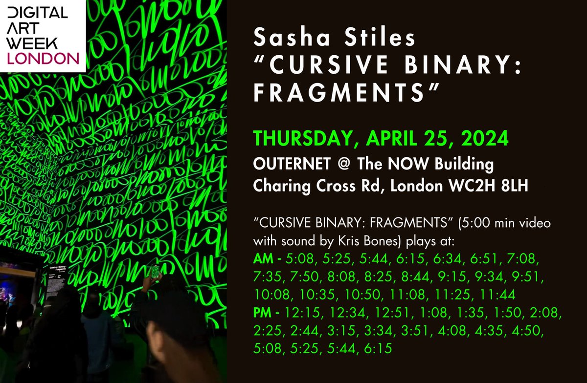 LONDON FRIENDS: I'll be at the NOW Building or nearby most of Thursday, as Cursive Binary will be playing throughout the day. See you then! 💚
<a href="/DigitalArtWeek/">Digital Art Week</a> <a href="/OuternetGlobal/">Outernet London</a> 
<a href="/shainasilva/">Shaina Silva</a> <a href="/lauragomezzr/">Laura</a>
