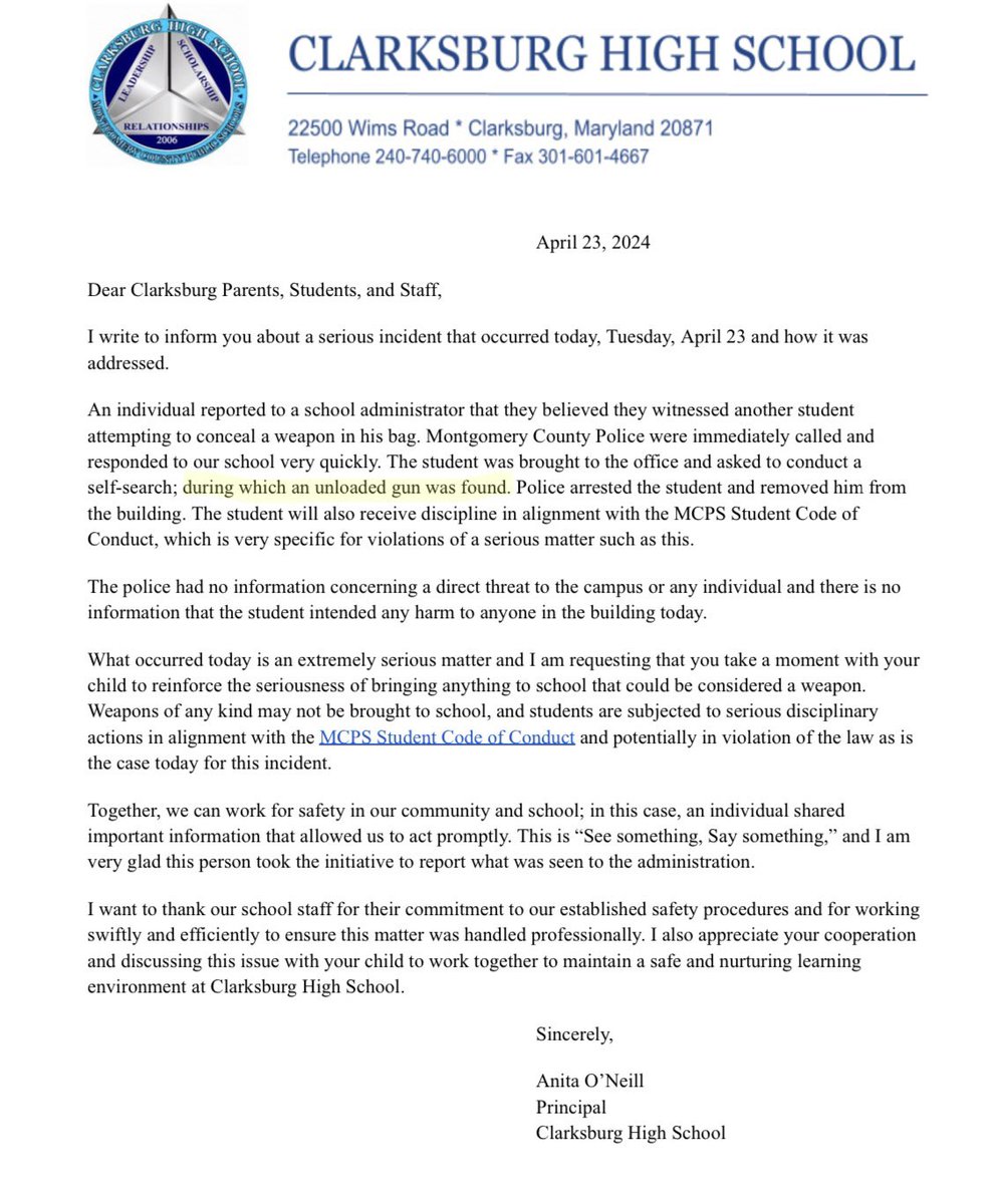 ModeratelyMoco's tweet photo. So far, just TODAY in MCPS:

Wootton and Einstein locked down due to what has now been determined to be non credible bomb threats. 

Student with unloaded gun found at Clarksburg HS (see letter to families below). https://t.co/rQlIj8kqNS