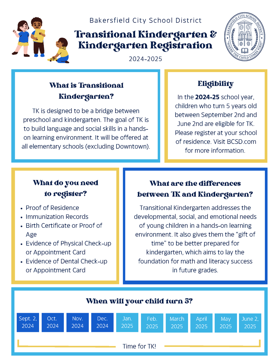 In the upcoming 2024-25 school year, children who turn 5 years old between September 2, 2024 and June 2, 2025 are eligible for Transitional Kindergarten. Head to enroll.bcsd.com/Enrollment/ to begin the enrollment process.