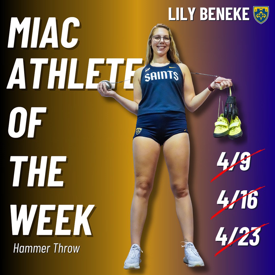 CSSsaints's tweet photo. 3๏ธโฃ for 3๏ธโฃ
For the third week in a row Lily Beneke is your MIAC Field Athlete of the Week! #huckit
She broke the facility and meet record at the SJU/CSB Invitational with her winning throw of 54.08 meters (177' 5"). https://t.co/iSNM8yv4Wn
