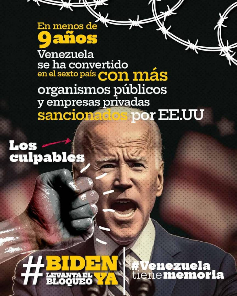 #BidenLevantaElBloqueoYa 🤚

🧐En tan solo 9 años Venezuela se ha convertido en el sexto país con organimos públicos y privados sancionados por EE.UU. 

#VenezuelaEsDDHH 

@NicolasMaduro 
@delcyrodriguezv 
@DhelizAlvarez