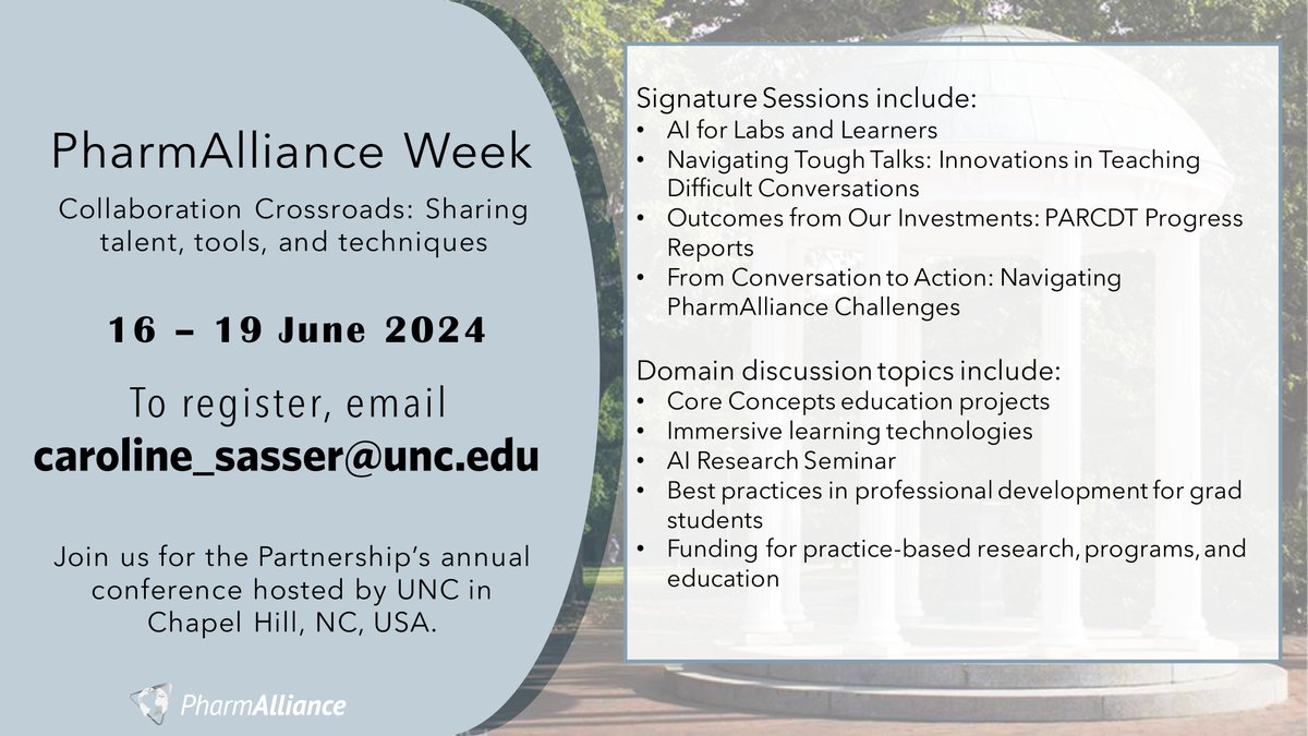 Join us for PharmAlliance Week! #UNCPharmacy is hosting a conference from June 16 - 19 for faculty, staff, and students to share ideas, take part in group discussions and collaborate with our partners @MonashPharm and @School_Pharmacy! Contact caroline_sasser@unc.edu to register!