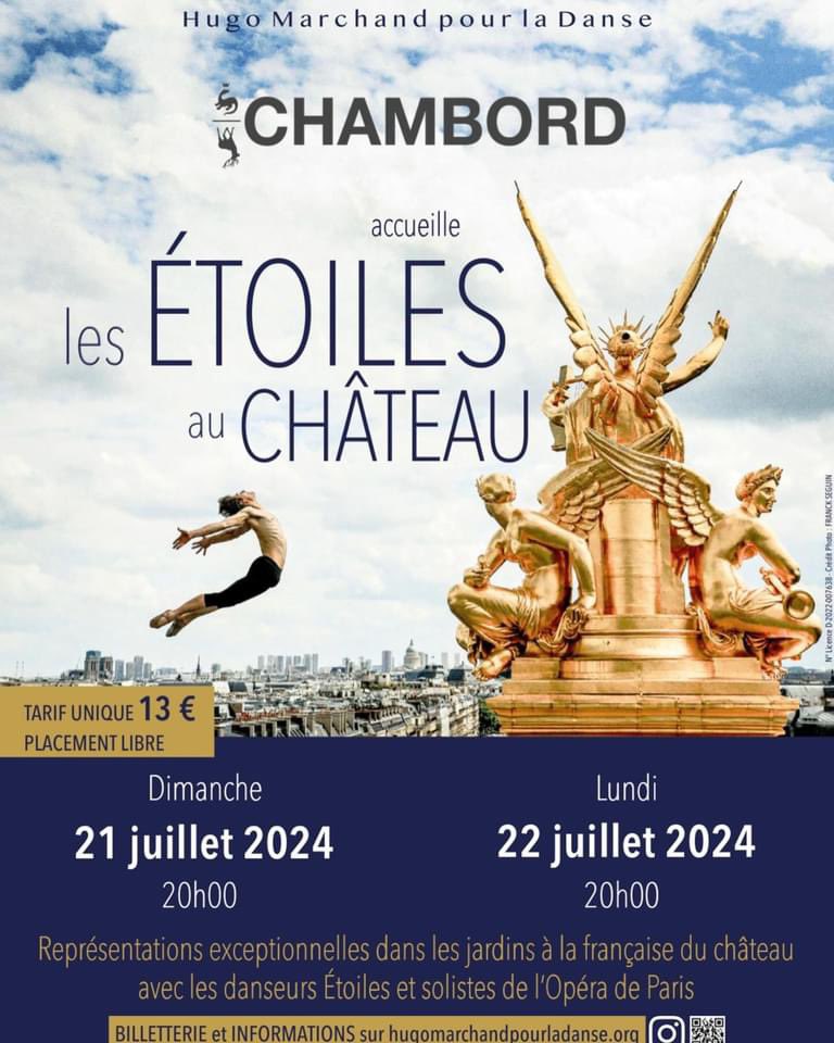 « Les Étoiles au Château » à Chambord 🩰 Association créée par le danseur étoile Hugo Marchand, « Les Étoiles au Château » offre des spectacles d’exception accessibles à tous, au tarif unique de 13€, dans des lieux emblématiques du patrimoine local. 

🎟️ hugomarchandpourladanse.org/billetterie/do…