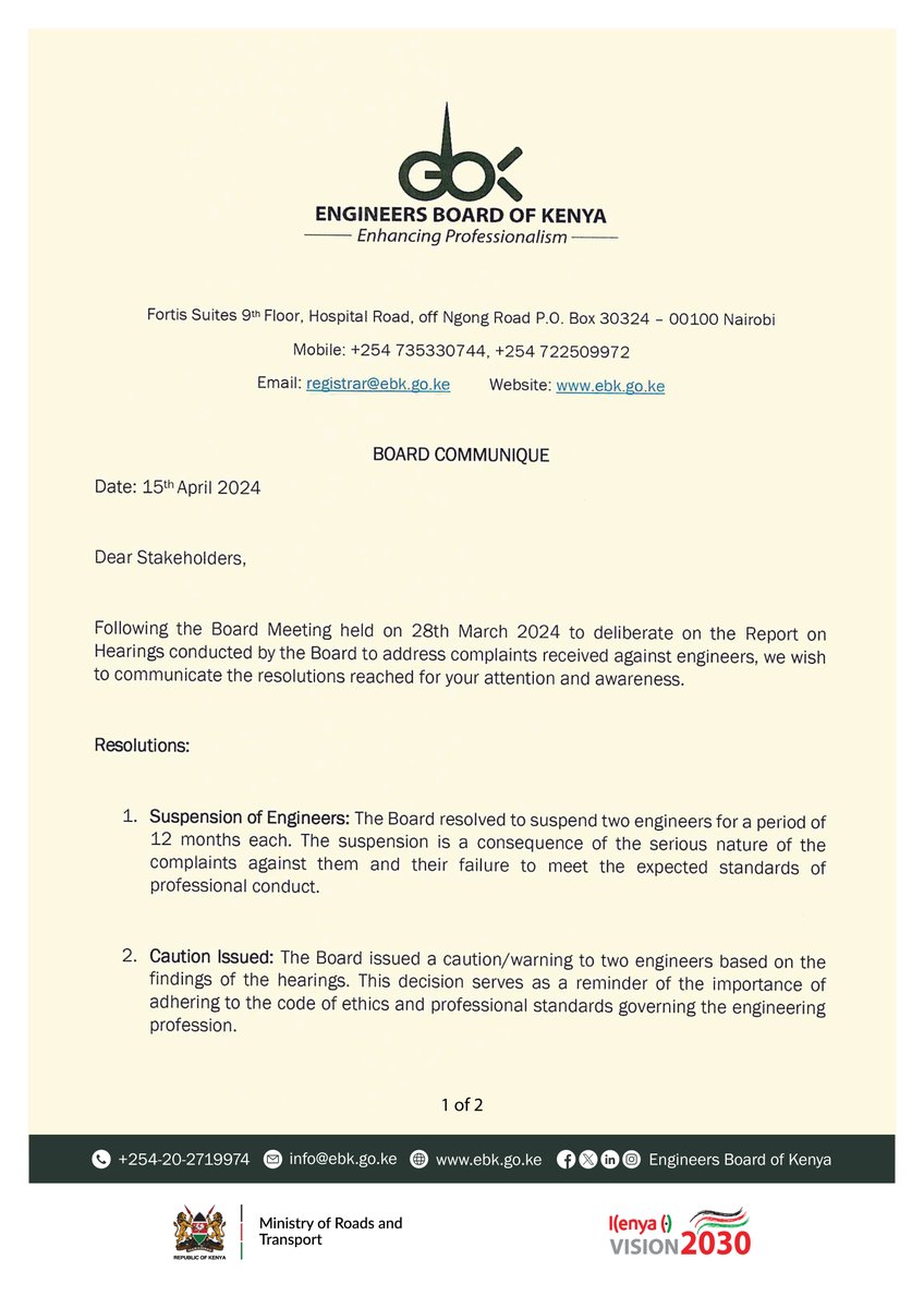 EngineersBoard's tweet image. Setting Standards: Following a Board Meeting held on March 28, 2024 to deliberate complaints received against Engineers, find the Boards resolutions and Communique on the same. 

#EngineeringEthics 
#ProfessionalStandards