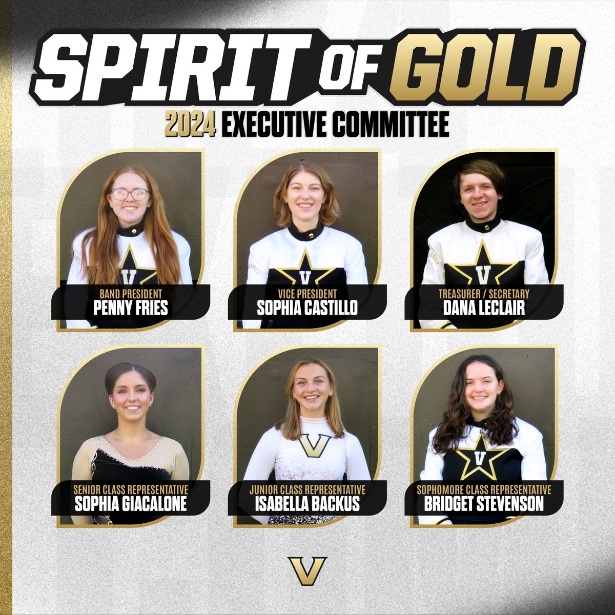 The Vanderbilt Athletic Bands are delighted to announce the 2024 Spirit of Gold Marching Band Executive Committee!

Elected by their peers, Exec strives to maintain the signature 'family atmosphere' of the SOG.

Congratulations!!!
#AnchorDown #SOGILTB @vucommodores @VanderbiltU