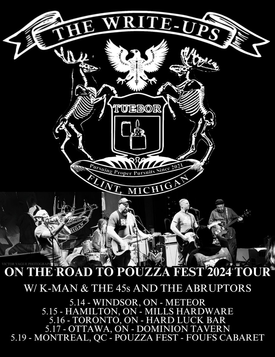 TheWriteUpsBand's tweet photo. We’re hitting the road to @pouzzafest with our new best buds @kmanandthe45s (@stomprecords) and @theabruptors (@asianmanrecords)
5.14 Windsor-Meteor
5.15 Hamilton-Mills Hardware
5.16 Toronto-Hard Luck Bar
5.17 Ottawa-Dominion Tavern
5.19 Montreal-Pouzza Fest-Foufs Cabaret https://t.co/18qph3CxWx