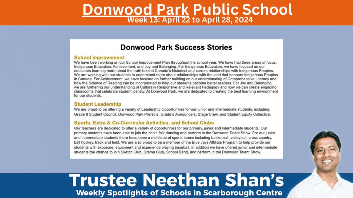 Highlighting the School Improvement Plan, Student Leadership Program and clubs at Donwood Park Public School of #TDSB Extracurricular activities are a key part of school life and learning for all students!