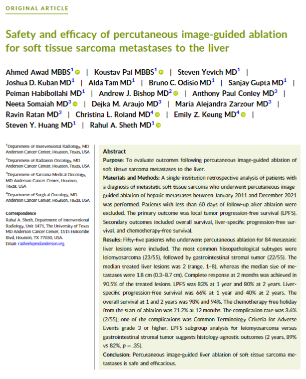 This new @MDAndersonNews study aims to assess the safety and efficacy of image-guided ablation for soft tissue sarcoma metastases to the liver. acsjournals.onlinelibrary.wiley.com/doi/full/10.10… @OncoAlert