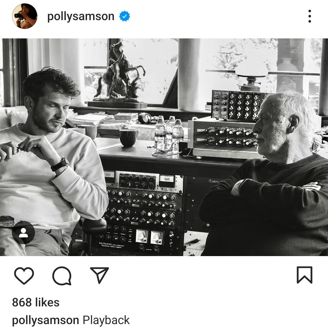David Gilmour and producer Charlie Andrew listening to the playback of presumably the completed album. Can't wait to hear it. Excited? [Pic, Polly Samson]