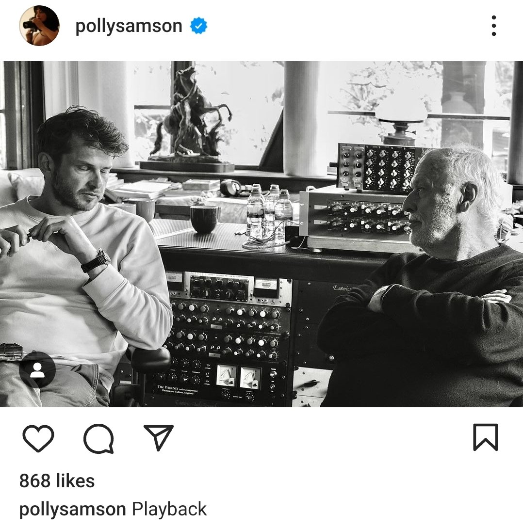 David Gilmour and producer Charlie Andrew listening to the playback of presumably the completed album. Can't wait to hear it. Excited? 
[Pic, Polly Samson]