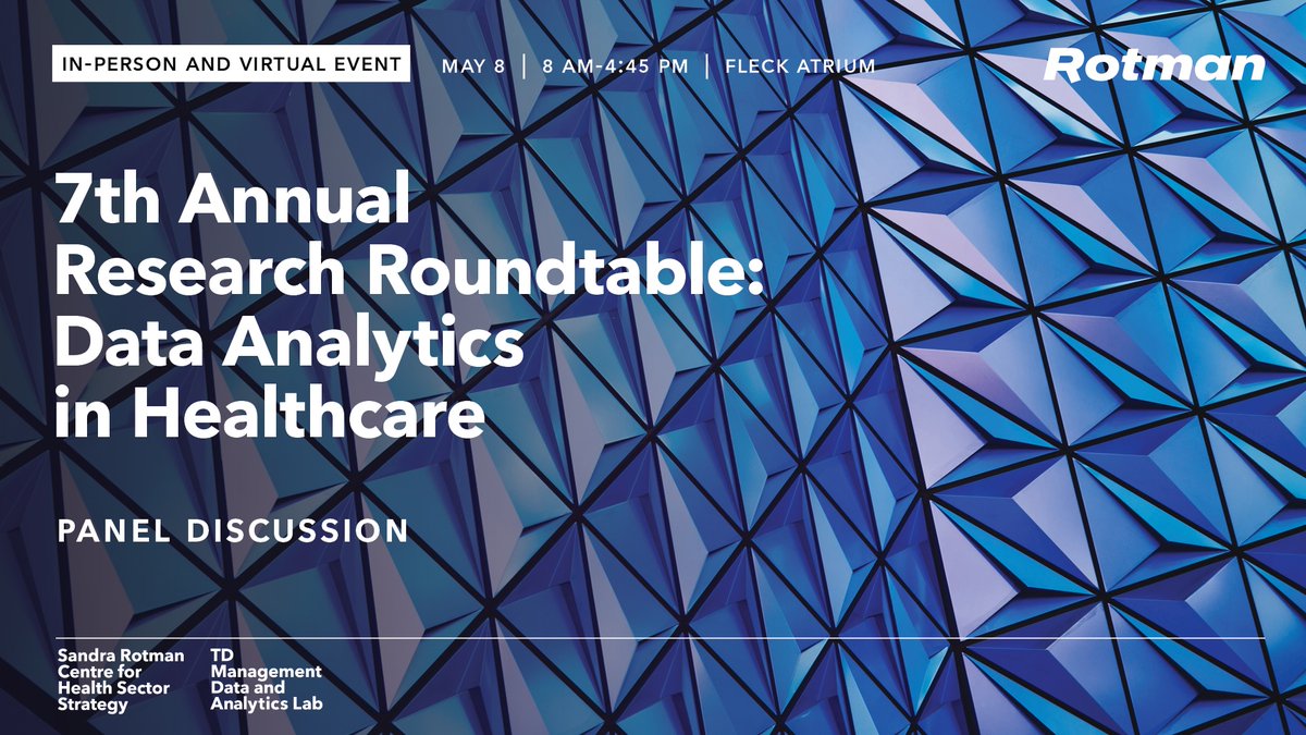 Improvements to a #healthcare system are complex, as services rely on an ecosystem of workflows, products, and people. Join us to learn how #DataAnalytics is helping implement change. May 8 | 8:00AM - 4:45PM EDT (Hybrid event) community.rotman.utoronto.ca/events/s/speci…