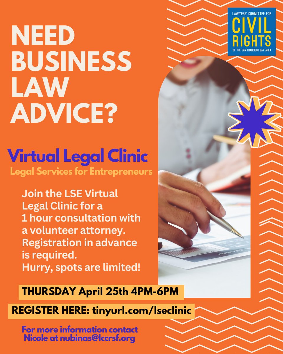 This Thursday is the next legal clinic for businesses, hosted monthly by @lccrsf - sign up in advance! lccrsf.org/event/legal-se…